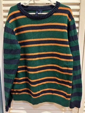 Janie and Jack Boys 10 Green Navy Orange Striped Cotton Crewneck Fall Sweater